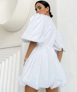 Trendy & Unique Cute Cotton Blend Deep V Neck Puff Sleeve Skater Mini Dress - White