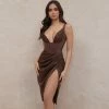 Trendy & Unique Glossy Satin Deep V Neck Side Slit Corset Midi Dress - Coffee 2 Trendy & Unique Glossy Satin Deep V Neck Side Slit Corset Midi Dress - Coffee