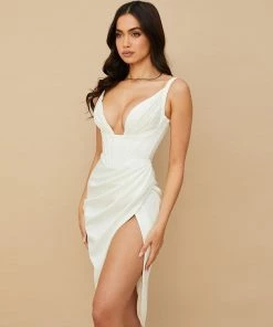 Trendy & Unique Glossy Satin Deep V Neck Side Slit Corset Midi Dress - White What's New