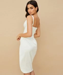 Trendy & Unique Glossy Satin Deep V Neck Side Slit Corset Midi Dress - White What's New