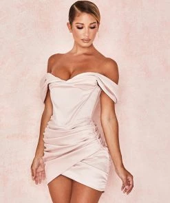 Trendy & Unique Glossy Satin Draped Off Shoulder Ruched Corset Mini Dress - Pink
