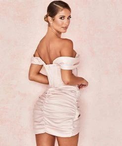 Trendy & Unique Glossy Satin Draped Off Shoulder Ruched Corset Mini Dress - Pink