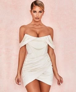 Trendy & Unique Glossy Satin Draped Off Shoulder Ruched Corset Mini Dress - White What's New