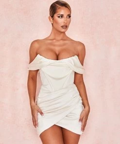 Trendy & Unique Glossy Satin Draped Off Shoulder Ruched Corset Mini Dress - White What's New