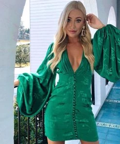 Trendy & Unique Glossy Satin Floral Puff Sleeve Party Mini Dress - Emerald Green