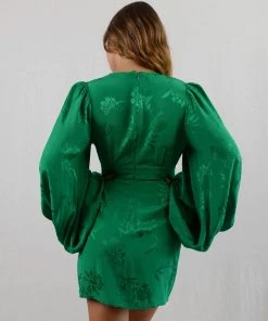 Trendy & Unique Glossy Satin Floral Puff Sleeve Party Mini Dress - Emerald Green