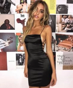 Trendy & Unique What's New Glossy Satin Floss Strap Bodycon Backless Slip Mini Dress - Black