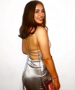 Trendy & Unique What's New Glossy Satin Floss Strap Bodycon Backless Slip Mini Dress - Silver