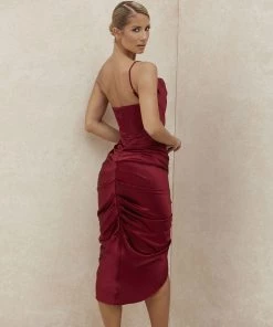 Trendy & Unique What's New Glossy Satin Floss Strap Cowl Neck Ruched Cocktail Dress - Burgundy