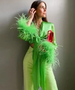 Trendy & Unique Glossy Satin Fluffy Long Sleeve Tie Front Crop Top - Green What's New