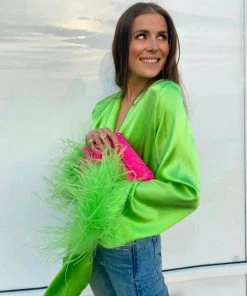 Trendy & Unique Glossy Satin Fluffy Long Sleeve Tie Front Crop Top - Green What's New