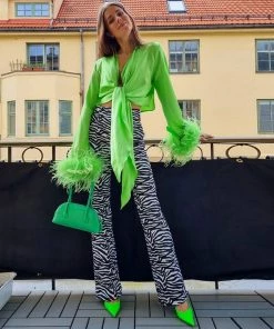 Trendy & Unique Glossy Satin Fluffy Long Sleeve Tie Front Crop Top - Green What's New