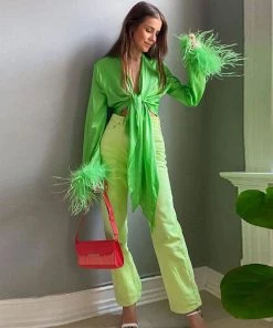 Trendy & Unique Glossy Satin Fluffy Long Sleeve Tie Front Crop Top - Green What's New