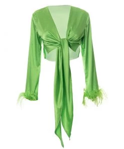 Trendy & Unique Glossy Satin Fluffy Long Sleeve Tie Front Crop Top - Green What's New