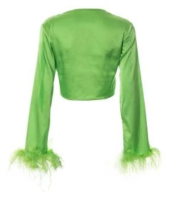 Trendy & Unique Glossy Satin Fluffy Long Sleeve Tie Front Crop Top - Green What's New