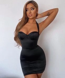 Trendy & Unique Glossy Satin Halter Neck Bustier Corset Party Mini Dress - Black