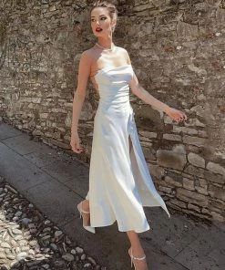 Trendy & Unique Glossy Satin High Slit Floss Strap Backless Slip Midi Dress - White