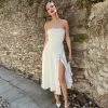 Trendy & Unique Glossy Satin High Slit Floss Strap Backless Slip Midi Dress - White