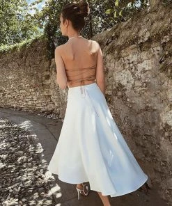 Trendy & Unique Glossy Satin High Slit Floss Strap Backless Slip Midi Dress - White