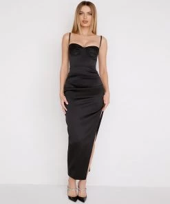 Trendy & Unique Glossy Satin High Slit Underwire Slip Cocktail Midi Dress - Black What's New