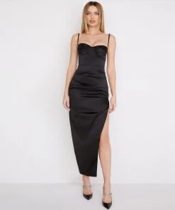 Trendy & Unique Glossy Satin High Slit Underwire Slip Cocktail Midi Dress - Black What's New