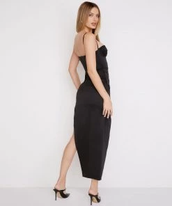 Trendy & Unique Glossy Satin High Slit Underwire Slip Cocktail Midi Dress - Black What's New