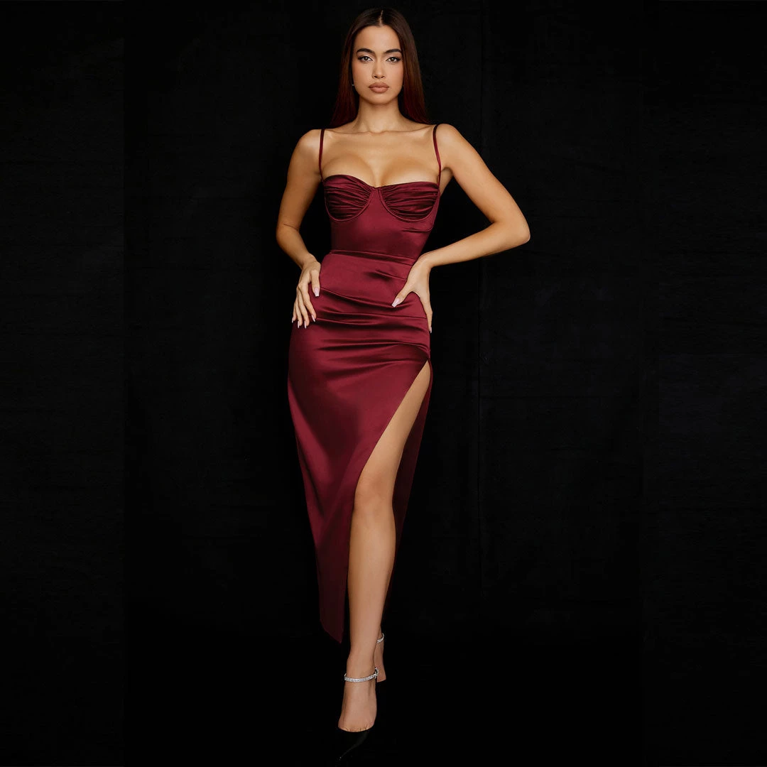 Trendy & Unique What's New Glossy Satin High Slit Underwire Slip Cocktail Midi Dress - Red 4 Trendy & Unique What's New Glossy Satin High Slit Underwire Slip Cocktail Midi Dress - Red