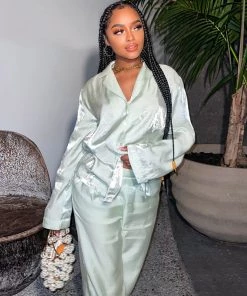 Trendy & Unique What's New Glossy Satin Long Sleeve Blouse Wide Leg Pant Matching Set - Green