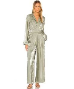 Trendy & Unique What's New Glossy Satin Long Sleeve Blouse Wide Leg Pant Matching Set - Green