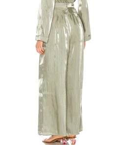 Trendy & Unique What's New Glossy Satin Long Sleeve Blouse Wide Leg Pant Matching Set - Green