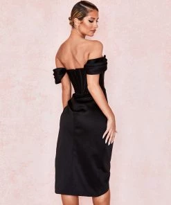 Trendy & Unique Glossy Satin Off Shoulder Draped Corset Cocktail Midi Dress - Black