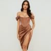 Trendy & Unique Glossy Satin Off Shoulder Draped Corset Cocktail Midi Dress - Chocolate What's New
