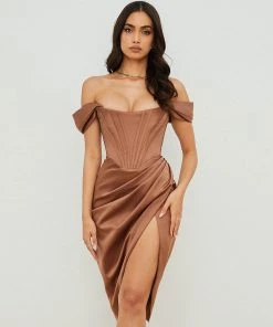 Trendy & Unique Glossy Satin Off Shoulder Draped Corset Cocktail Midi Dress - Chocolate What's New