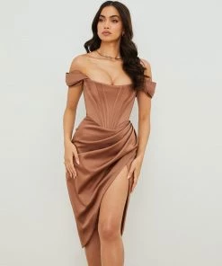 Trendy & Unique Glossy Satin Off Shoulder Draped Corset Cocktail Midi Dress - Chocolate What's New