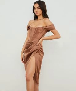 Trendy & Unique Glossy Satin Off Shoulder Draped Corset Cocktail Midi Dress - Chocolate What's New