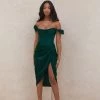 Trendy & Unique What's New Glossy Satin Off Shoulder Draped Corset Cocktail Midi Dress - Emerald Green
