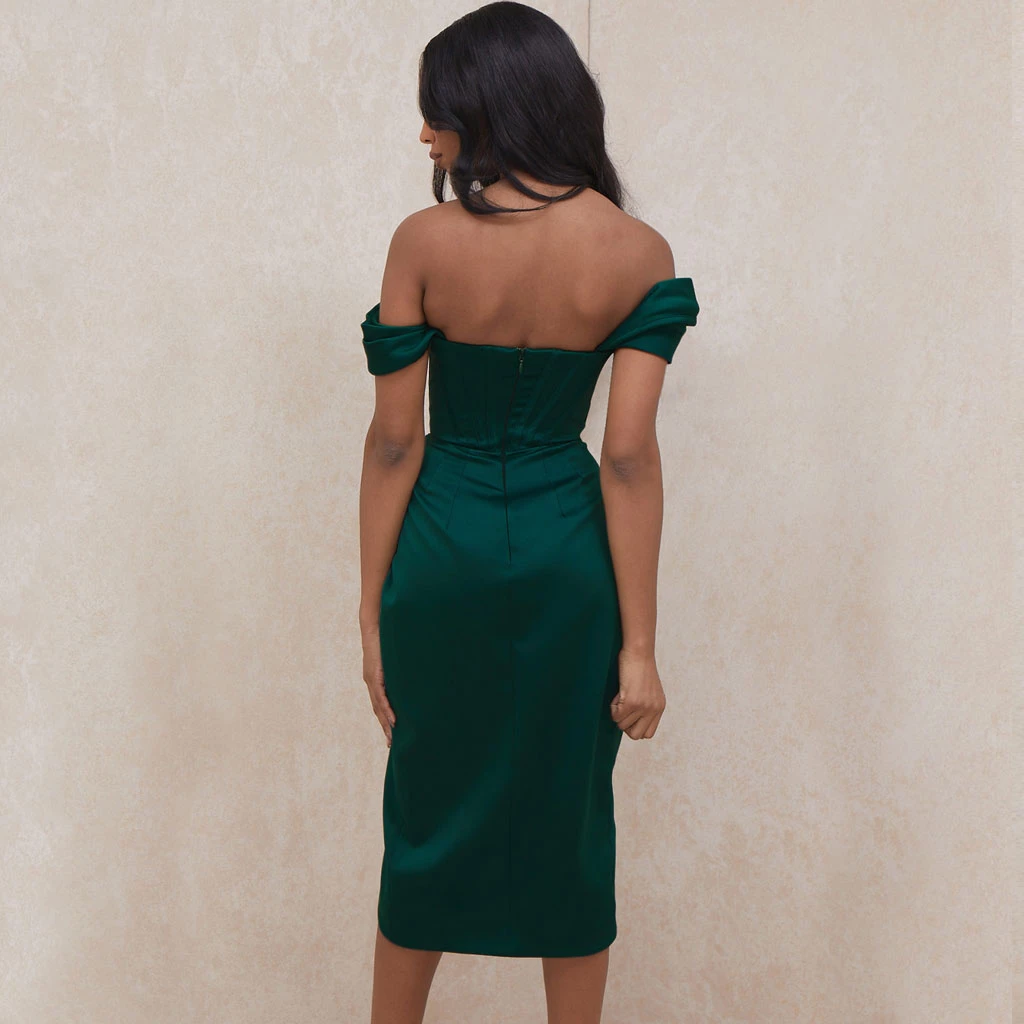 Trendy & Unique What's New Glossy Satin Off Shoulder Draped Corset Cocktail Midi Dress - Emerald Green 5 Trendy & Unique What's New Glossy Satin Off Shoulder Draped Corset Cocktail Midi Dress - Emerald Green
