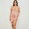 Trendy & Unique What's New Glossy Satin Off Shoulder Draped Corset Cocktail Midi Dress - Pink