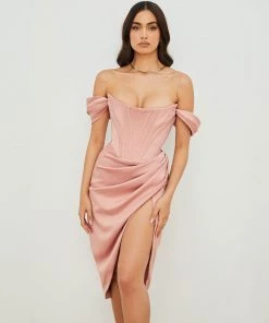 Trendy & Unique What's New Glossy Satin Off Shoulder Draped Corset Cocktail Midi Dress - Pink