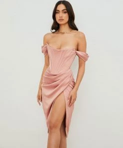 Trendy & Unique What's New Glossy Satin Off Shoulder Draped Corset Cocktail Midi Dress - Pink