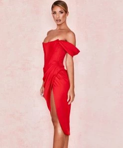 Trendy & Unique Glossy Satin Off Shoulder Draped Corset Cocktail Midi Dress - Red What's New