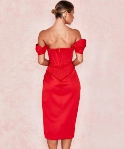Trendy & Unique Glossy Satin Off Shoulder Draped Corset Cocktail Midi Dress - Red What's New