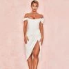 Trendy & Unique Glossy Satin Off Shoulder Draped Corset Cocktail Midi Dress - White 2 Trendy & Unique Glossy Satin Off Shoulder Draped Corset Cocktail Midi Dress - White