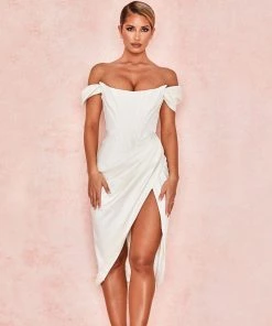 Trendy & Unique Glossy Satin Off Shoulder Draped Corset Cocktail Midi Dress - White