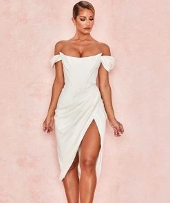 Trendy & Unique Glossy Satin Off Shoulder Draped Corset Cocktail Midi Dress - White