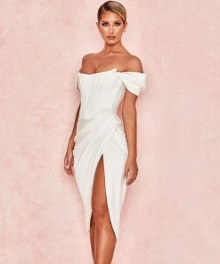 Trendy & Unique Glossy Satin Off Shoulder Draped Corset Cocktail Midi Dress - White