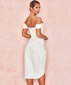 Trendy & Unique Glossy Satin Off Shoulder Draped Corset Cocktail Midi Dress - White