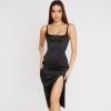 Trendy & Unique Glossy Satin Scoop Neck High Slit Slip Cocktail Midi Dress - Black What's New