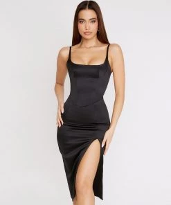 Trendy & Unique Glossy Satin Scoop Neck High Slit Slip Cocktail Midi Dress - Black What's New