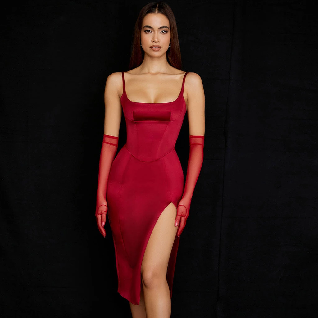 Trendy & Unique Glossy Satin Scoop Neck High Slit Slip Cocktail Midi Dress - Red 3 Trendy & Unique Glossy Satin Scoop Neck High Slit Slip Cocktail Midi Dress - Red